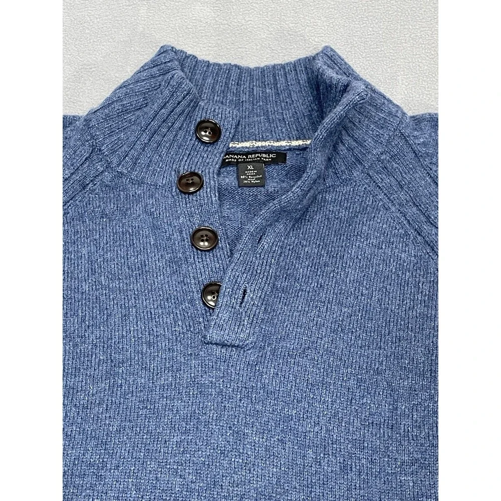 Banana Republic Sweater Men XL Blue Wool‎ Blend Sweater Mock Neck 4 Button